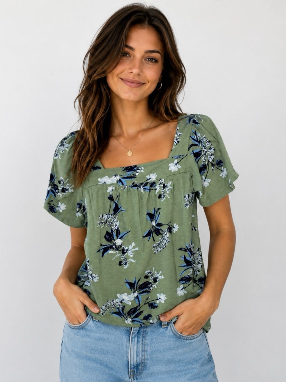 Lucky Brand XXL Green Blue Floral Square Neck Boho Top 2X